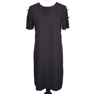 Ann Taylor Dress Womens 4 Tall 4T Black Lined Crepe Midi Shift Bows on Sleeves